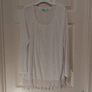 Long-sleeve tunic blouse with crochet trim